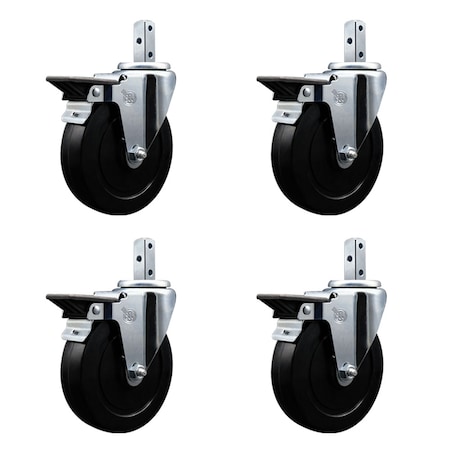 Service Caster 5'' Soft Rubber Wheel Swivel 7/8'' Square Stem Caster Set with Brake, 4PK SCC-SQ20S514-SRS-PLB-78-4